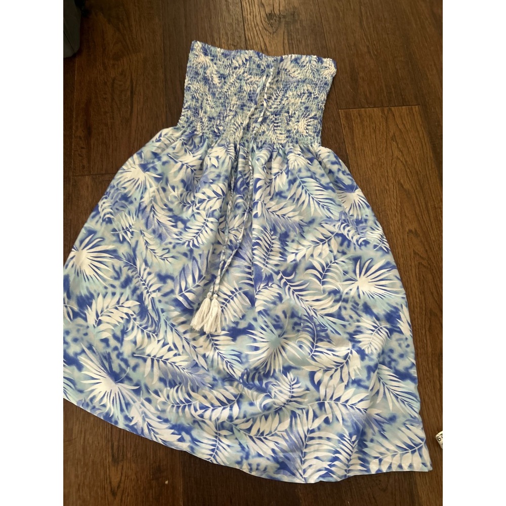 Gypsy Blu Blue White Tropical Palm Smocked Strapless Tassel vacation Dress M